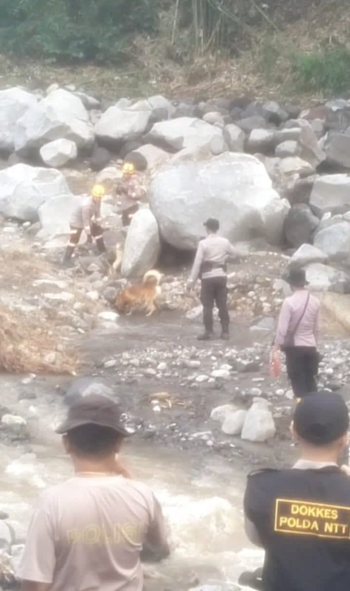 Personil BKO Polres Sikka Polda NTT Bersama Tim K-9 Polda NTT Laksanakan Pencarian Korban Bencana Alam di Kecamatan Mauponggo,Kab.Nagekeo, NTT