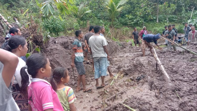 Ruas Jalan Penghubung Desa Tertimbun Longsor, Polsek Bola Polres Sikka Bergerak Cepat Amankan Situasi
